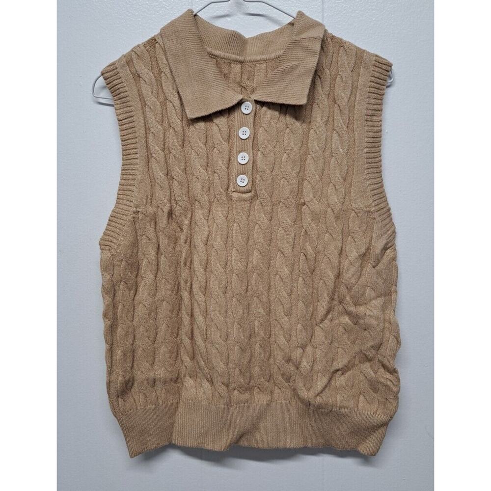 Women's Button Front Collar Sleeveless Sweater Cable Knit Casual Khaki‎ Size L